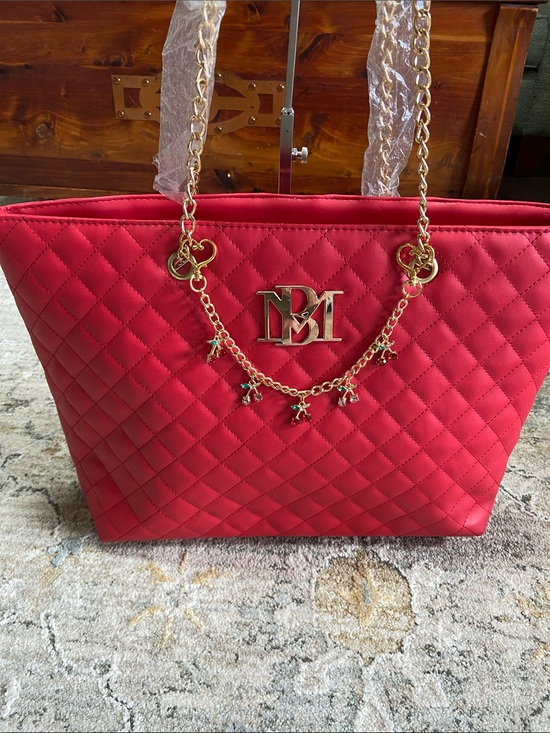Badgley Mischka Handbags - Badgley Mischka Quilted Red Tote with Gold Chain Charm Accents